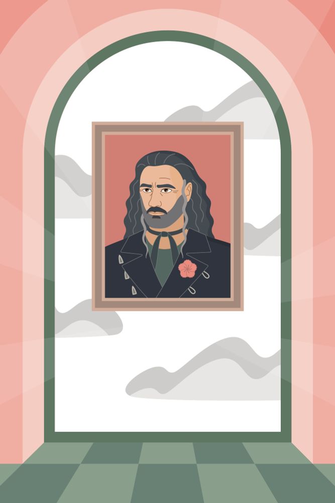 A portrait of canon-era Edward hanging in the centre of a curved window.