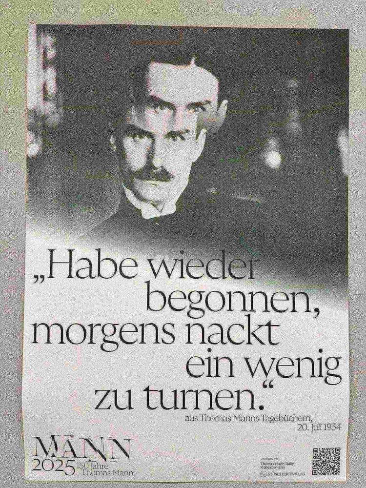 Thomas Mann mit Spruch, nackt morgens zu turnen