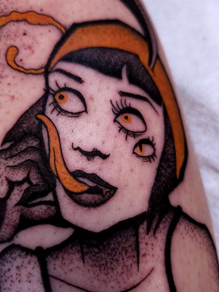 eldritch flapper girl tattoo. black dotwork with gold accents.
