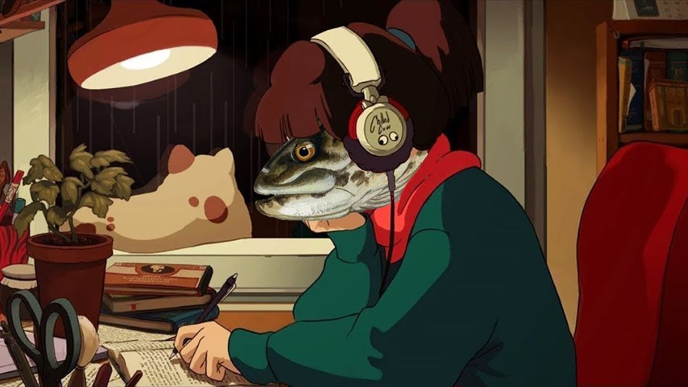 Lofi beats girl with a bowfin head edited on