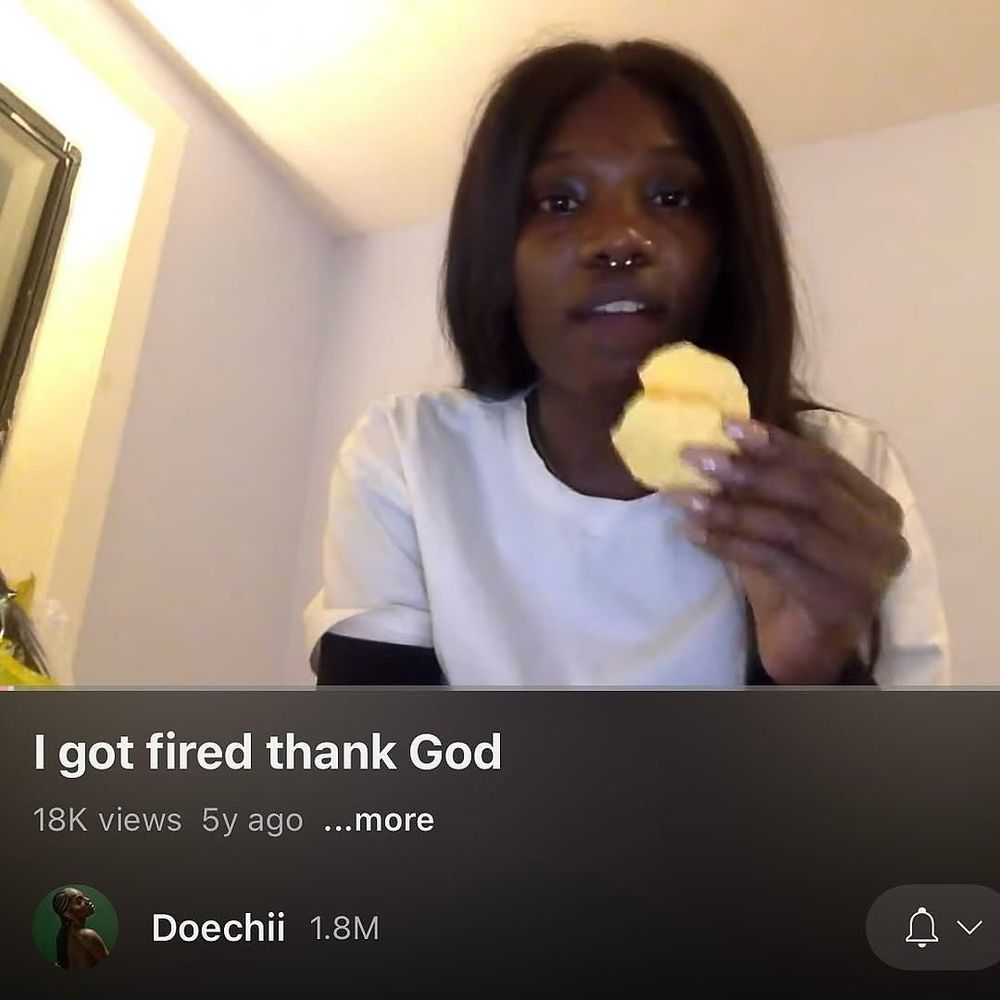 Screenshot of doechii YouTube video with caption “I got fired thank god” 