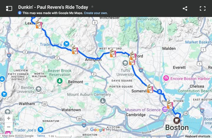 Map of Paul revere’s rise with Dunkin’ Donuts locations marked 
