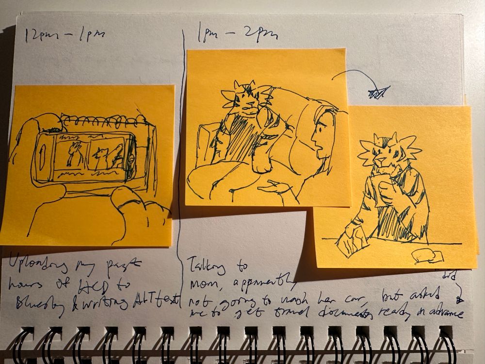 12 to 1pm
- A close up of my tiger sona taking photos of this year’s comic day panels
- “Uploading my past hours of Hourly Comic Day to Bluesky & writing alt text (for the comics)”

1pm to 2pm
- My tigersona sitting on the sofa having a conversation with the woman in front of them, which is my mother. The panel next to it shows them reviewing their travel documents.
- “Talking to mom. Apparently not going to wash her car, but asked me to get travel documents ready in advance (for the flight back to Hong Kong)”