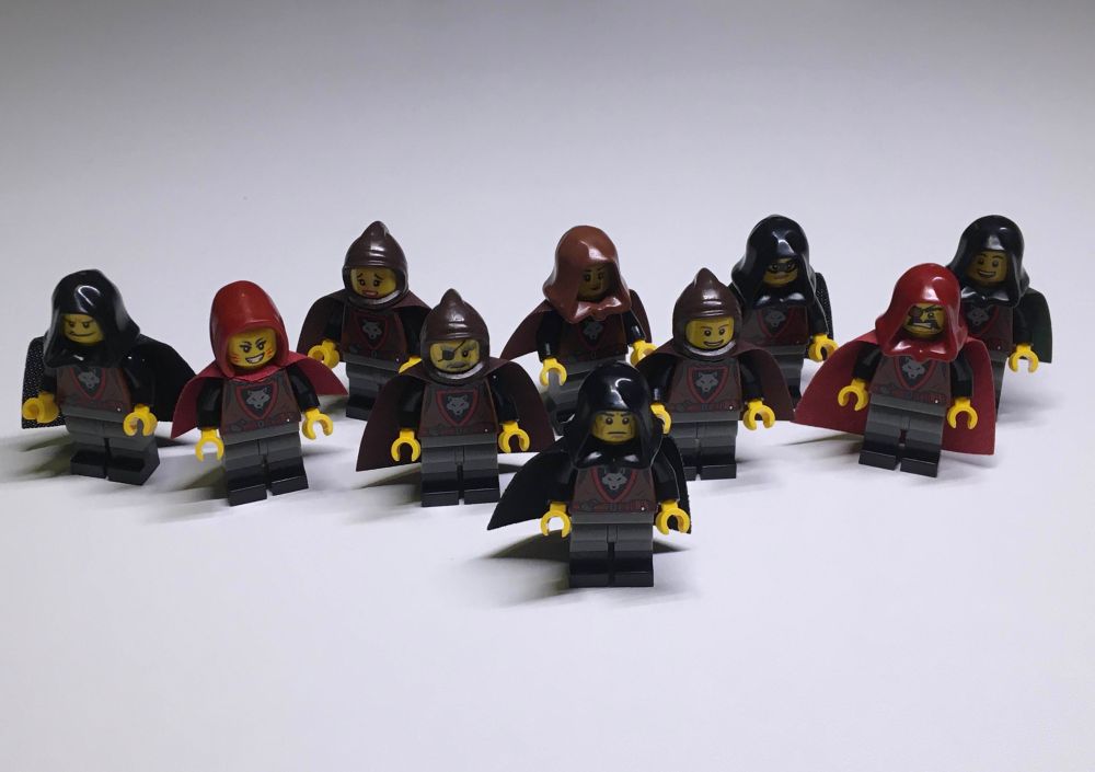 A group of ten Wolfpack minifigures.