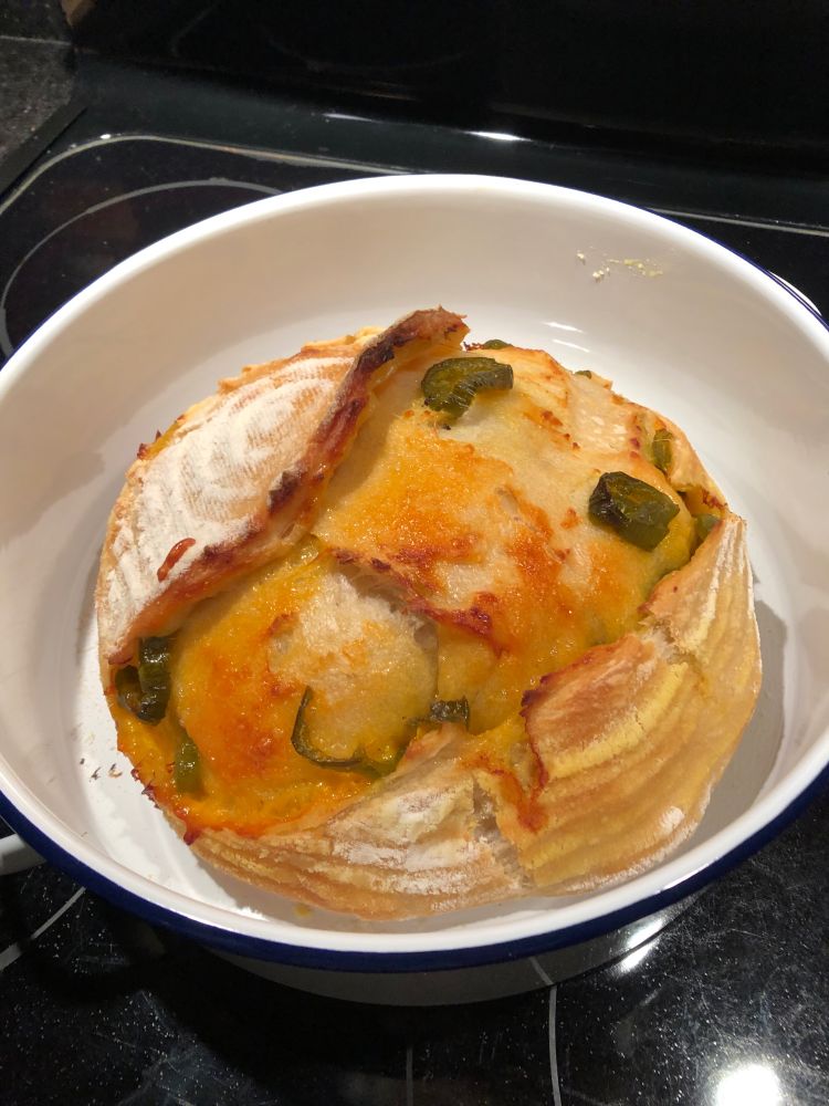 A loaf of jalapeño cheddar sourdough