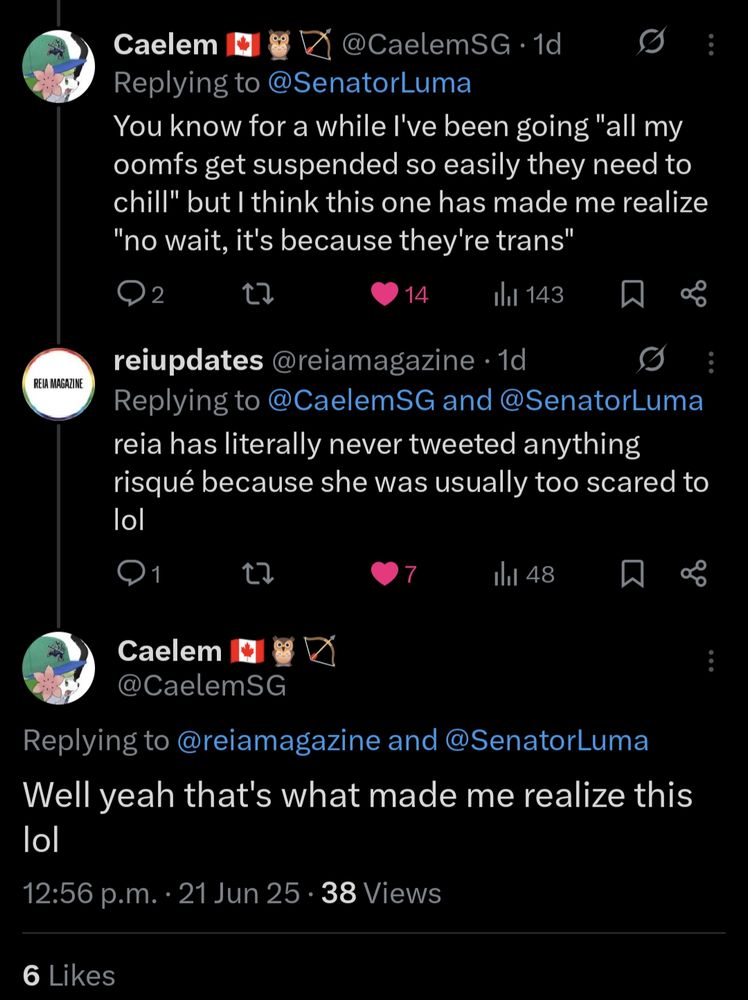 Caelem: You know for a while I've been going "all my oomfs get suspended so easily they need to chill" but I think this one has made me realize "no wait, it's because they're trans"

Reia: reia has literally never tweeted anything risqué because she was usually too scared to lol

Caelem: Well yeah that's what made me realize this lol