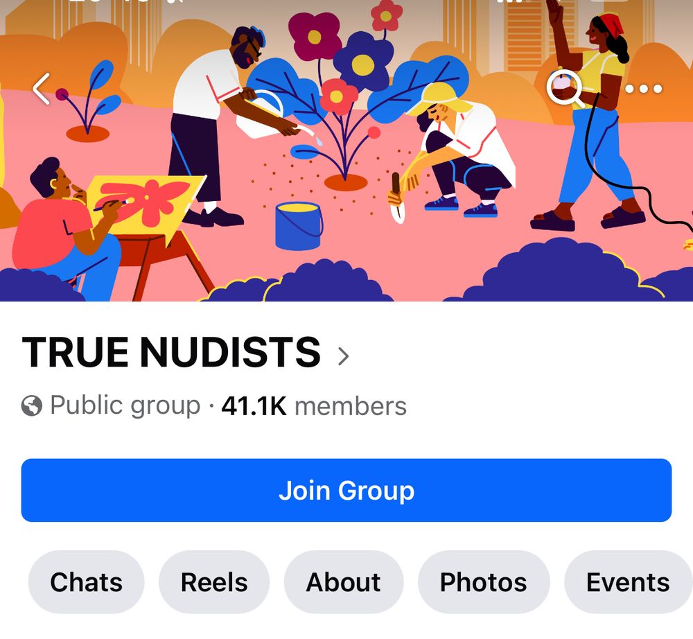 Screenshot of a Facebook group called “TRUE NUDISTS” with the button to join the group. It states it is a public group with 41.1K members