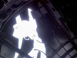 A glowing white giant silhouette, Adam, on a smoky black and grey background as seen through the broken window frame of a ship during the Second Impact from the anime, Neon Genesis Evangelion