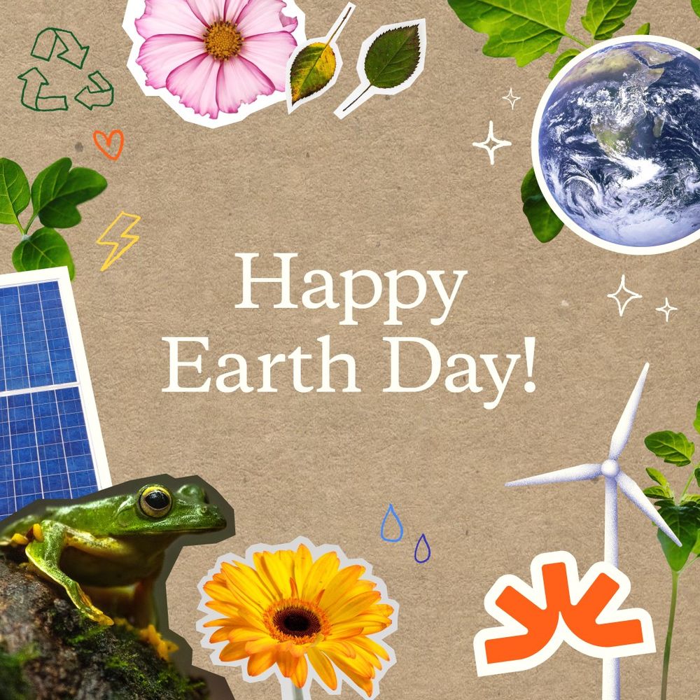 Text over collage-style graphic reads "Happy Earth Day!" Collage aspects include the earth, flowers, leaves, a wind turbine, a frog, a solar panel, and the Ava Community Energy logo.