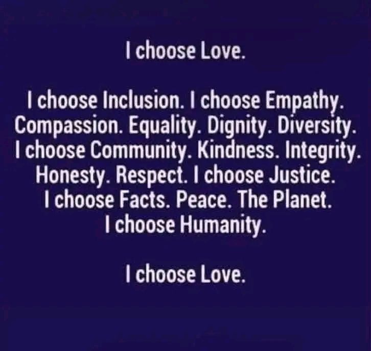 I choose love. I choose inclusion. I choose empathy. Compassion. Equality. Dignity. Diversity. I choose community. Kindness. Integrity.  Honesty. Respect. I choose Justice. I choose facts. Peace. The Planet. I choose humanity. I choose love.