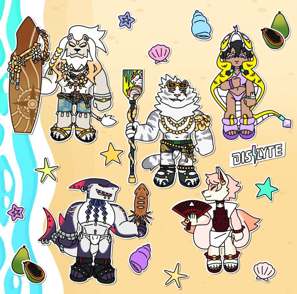 Dislyte’s Javid, Ife, Jin Qiu, Tetsuya, and Ryota enjoying their summer at the beach! Drawn to look like stickers on a paper beach.