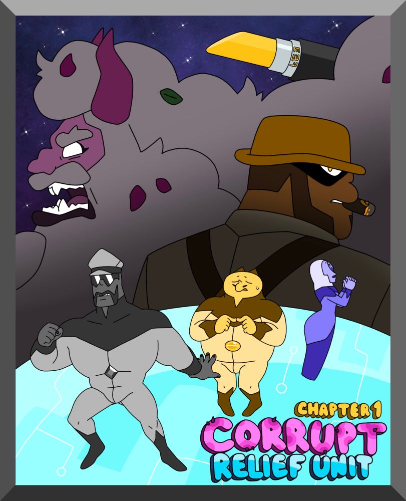 Cover page for a Steven Universe fan comic. Original characters featuring Onyx, Chrysoberyl, and Iolite. Mysterious characters with a menacing aura and a space ship in the shape of a lipstick in the background.