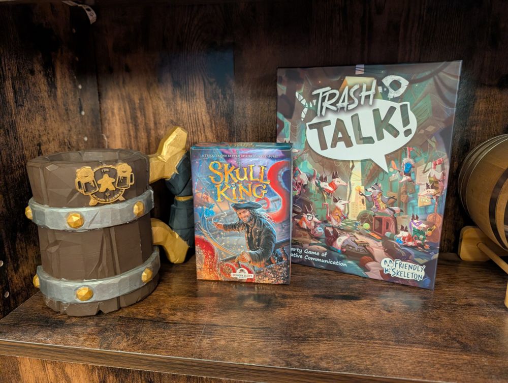 Board & Barrel dice tower, Skull King box, Trash Talk box