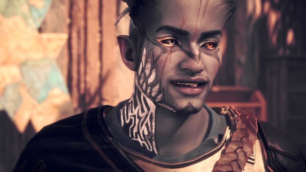 Screenshot of a male Qunari Rook from Dragon Age: The Veilguard. He's wearing a recolored version of The Garb of Kinship armor. He has visible scars on his face and is wearing gold eyeshadow plus black and white face paint. His eyes are two different colors, one silver (right) and one amber (left).