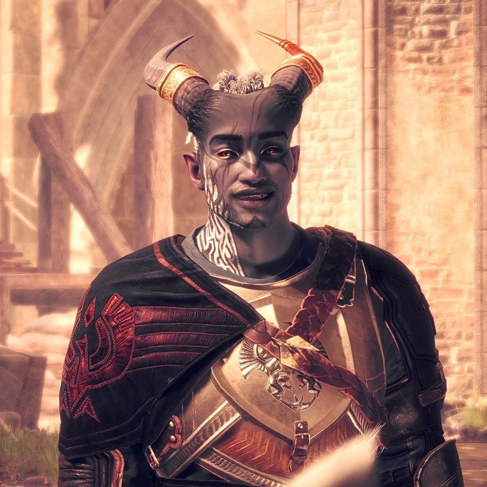 Screenshot of a male Qunari Rook from Dragon Age: The Veilguard. He's wearing a recolored version of The Garb of Kinship armor. He has visible scars on his face and is wearing gold eyeshadow plus black and white face paint. His eyes are two different colors, one silver (right) and one amber (left).