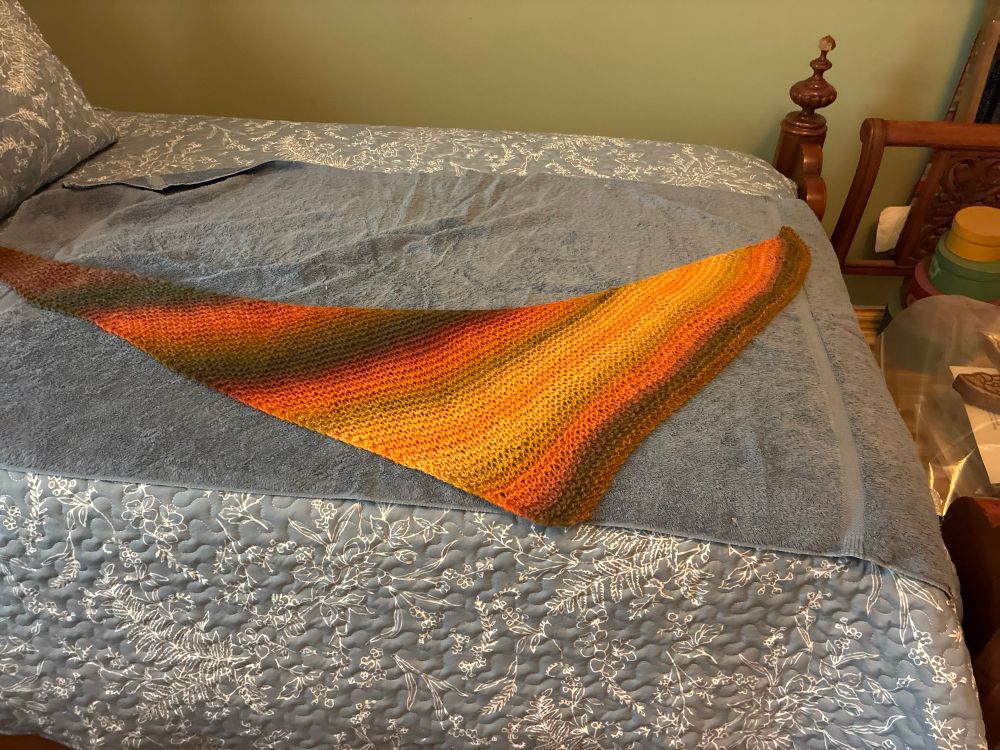 A knitted scarf in wide diagonal bands of chocolate brown, gold, pumpkin, and moss green is spread out on a blue towel on top of a blue and white coverlet on a twin bed. 

Pattern: Easy Scarf by Diane L. Augustin. www.yarnhappybeadhappy.com

Yarn: High Prairie Fibers Odyssey in Muse colorway, Corriedale DK, 2 ply, 200 yards from Wayward Fiber Arts.
