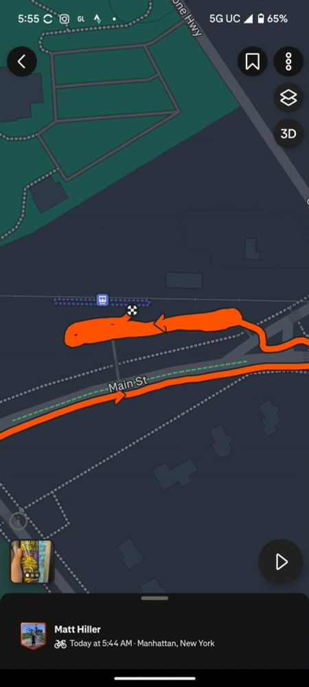 A screenshot from the Strava app, showing the very end of a ride near the train station. The line gets very thick -- indicating multiple scoots, at least 8 or 9 of them forward, back, and forth again -- just at the train station.