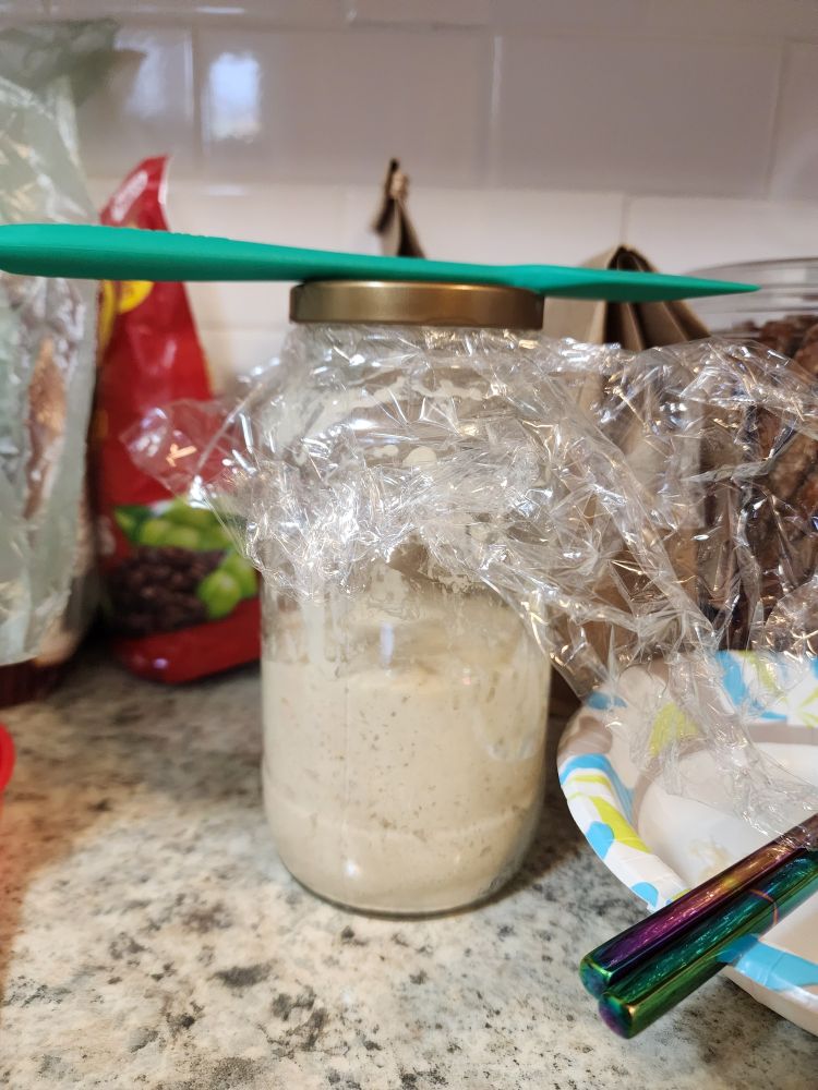 Glass jar with early stages of sourdough starter 