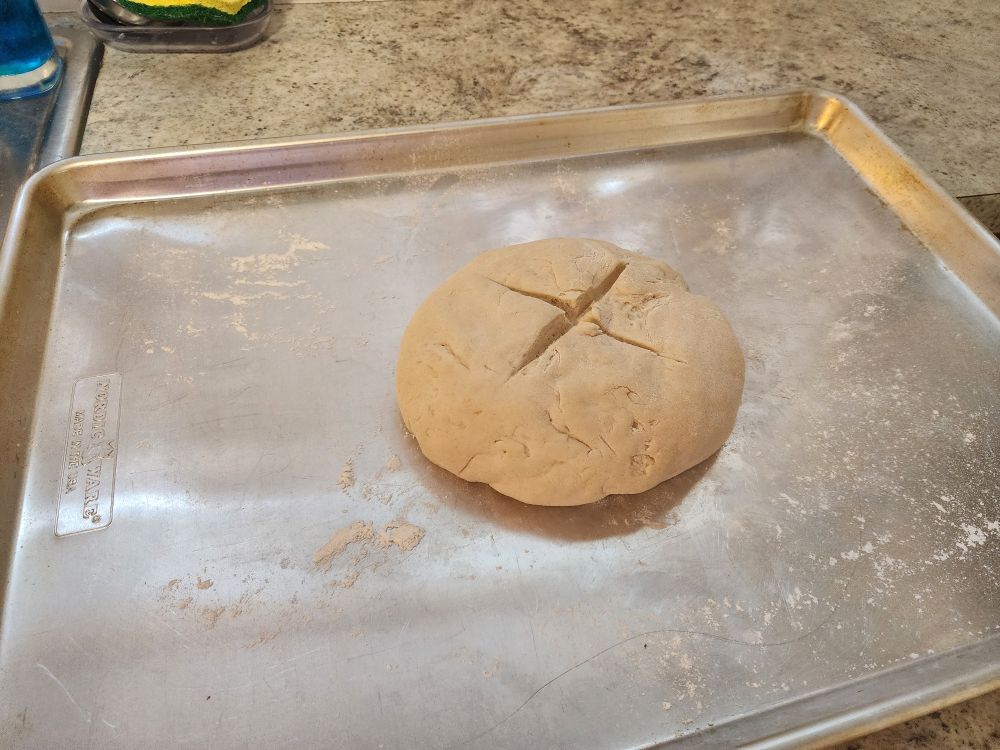Sourdough loaf ready to go in the oven