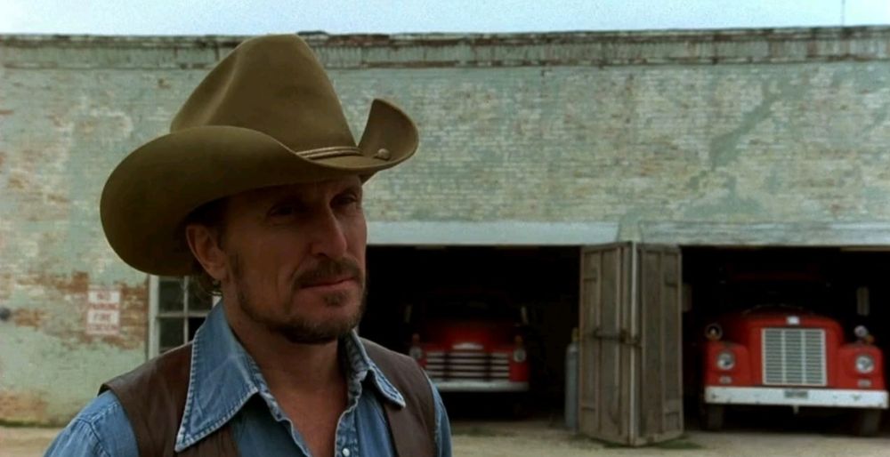 Tender Mercies: In front of firehouse, Duvall in cowboy hat, vest.