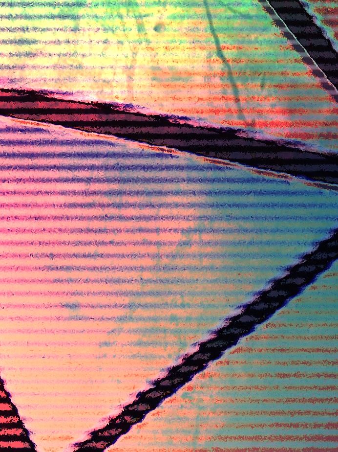 an abstract composition of a spectrum of colors across scan-line type horizontal striations, with bridges of darker colors
