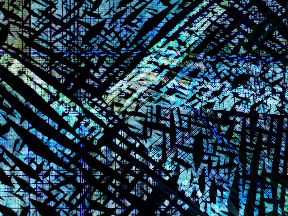 an abstract composition of lines and angles in saturated blues and greens against a black background