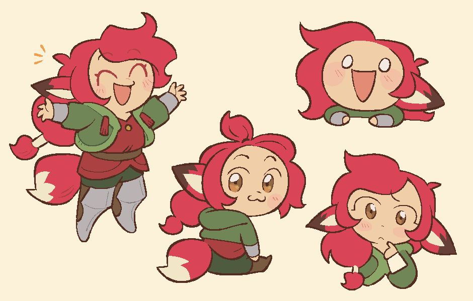 four chibis of milla (left to right): cheerful, looking back, excited, confused
