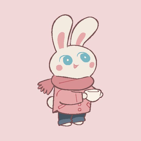 A rabbit with a scarf, coat, and coffee cup on a pink background.