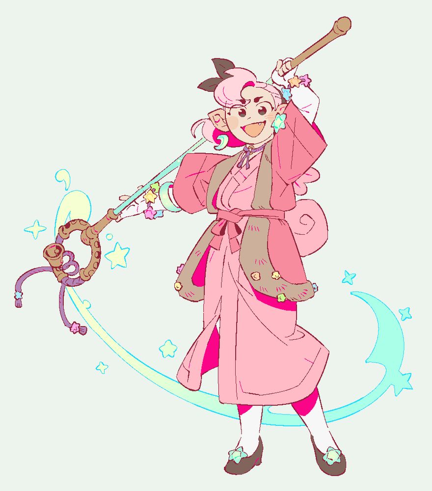 clefairy gijinka. she has bubbly star/konpeito ornaments on her clothing, and is waving a staff with a bell and moon phase motifs on it.