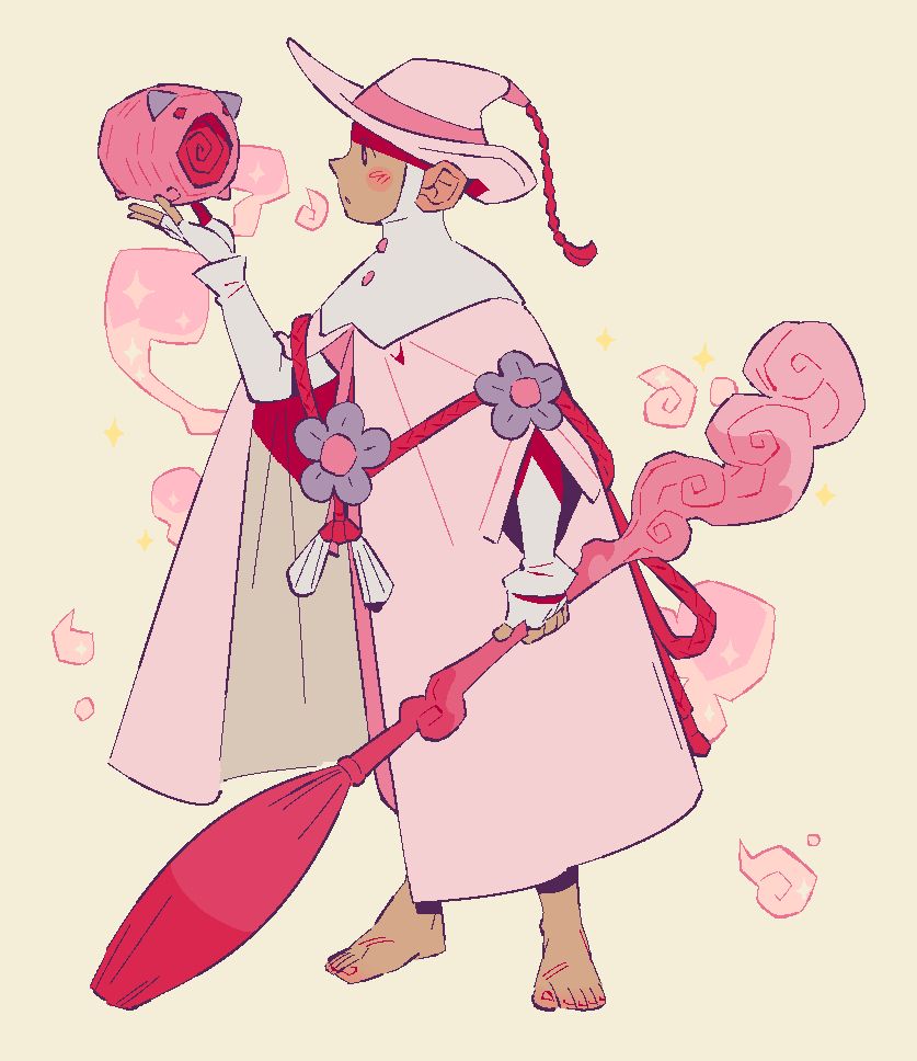 munna gijinka. young, with wizard-like motifs. holding a broom of smoke and looking at a pink katori buta, the source of their magic.