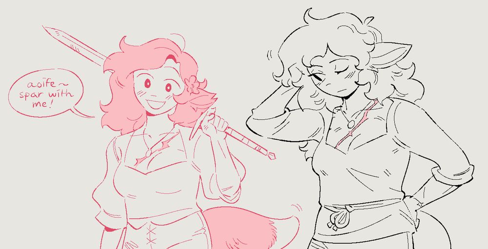 monotone sketches: left, milla holds a sword over her shoulder. "aoife~ spar with me!" right, she scratches her head, her other hand on her hip