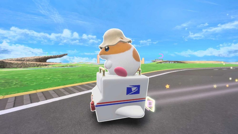 hamster from kirby riding on a usps truck with a little hat in kirby air riders