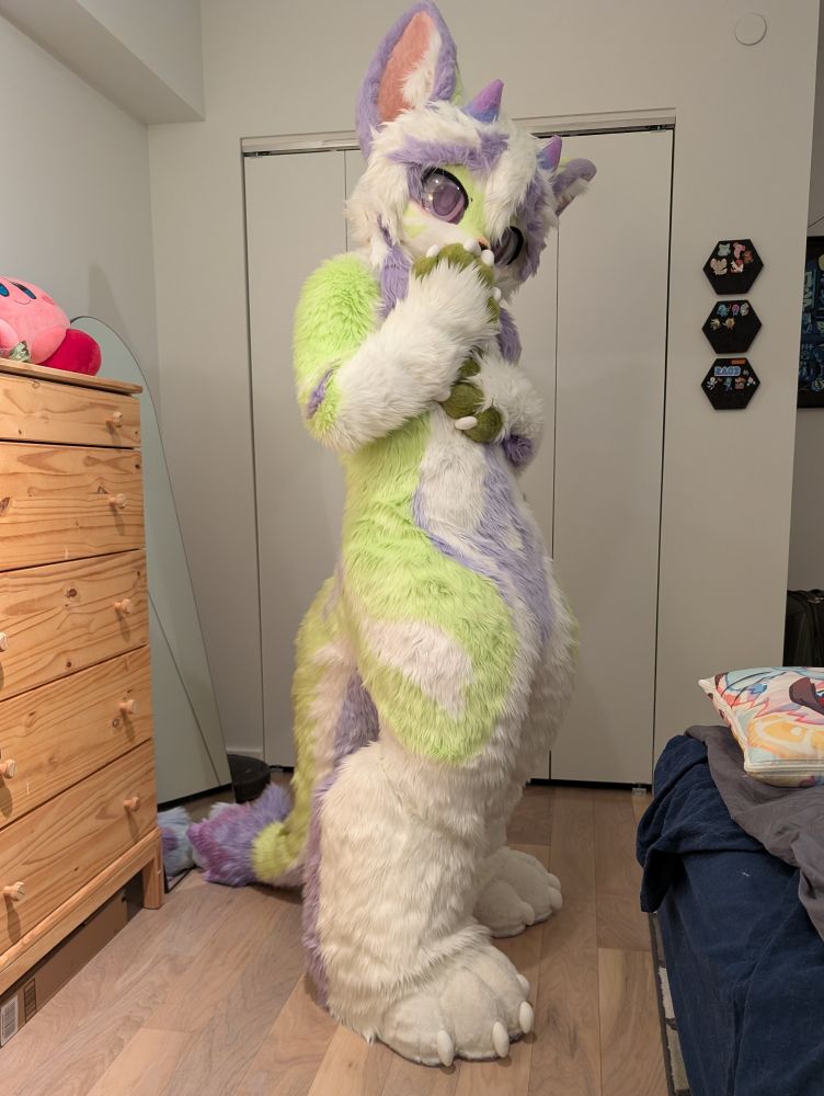 a green, white and purple kemono cat dragon fursuit