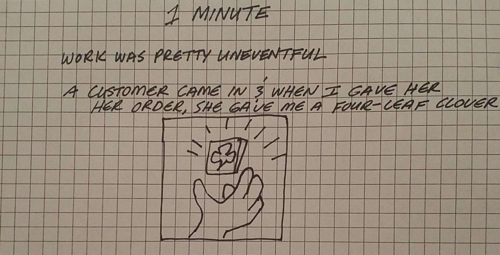 Text reads: 1 Minute. Work Was Pretty Uneventful. A customer came in & when I gave her her order, she gave me a four-leaf clover. 
Small panel on the bottom of a hand with a pressed four-leafed clover hovering over it 