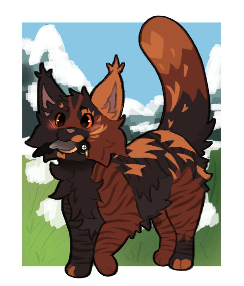 a tortoiseshell cat holds a hunted robin proudly. 