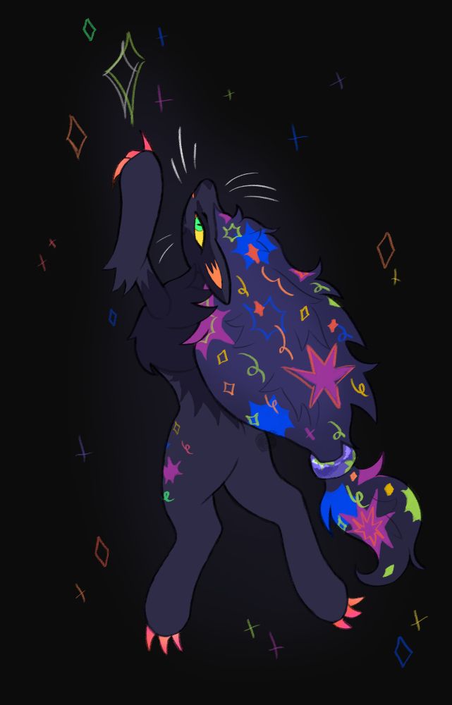 an arcade themed zoroark looks to the left daintily at a star. their left arm is outstretched as if trying to touch it. 