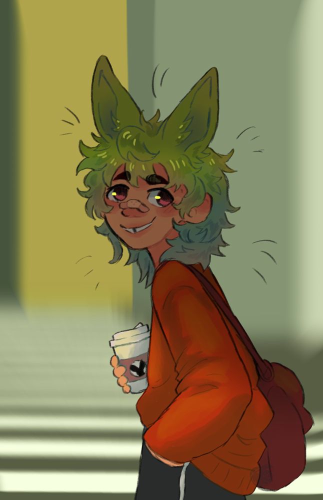 a green haired human with rabbit ears is about to cross a crosswalk. they look back a little shyly holding a coffee.
