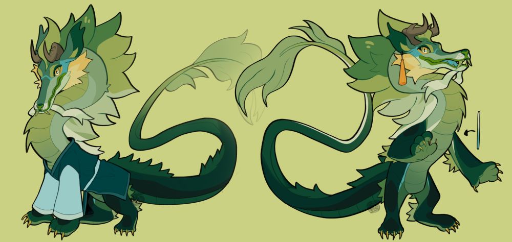 a reference sheet of a green dragon with a small body, long neck, and long tail. one pose is on two legs and the other is on all fours.