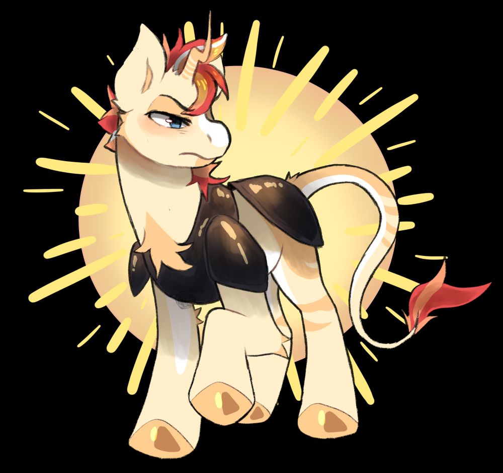 a unicorn wearing armor looks to the right with their left hoof slightly held up. 