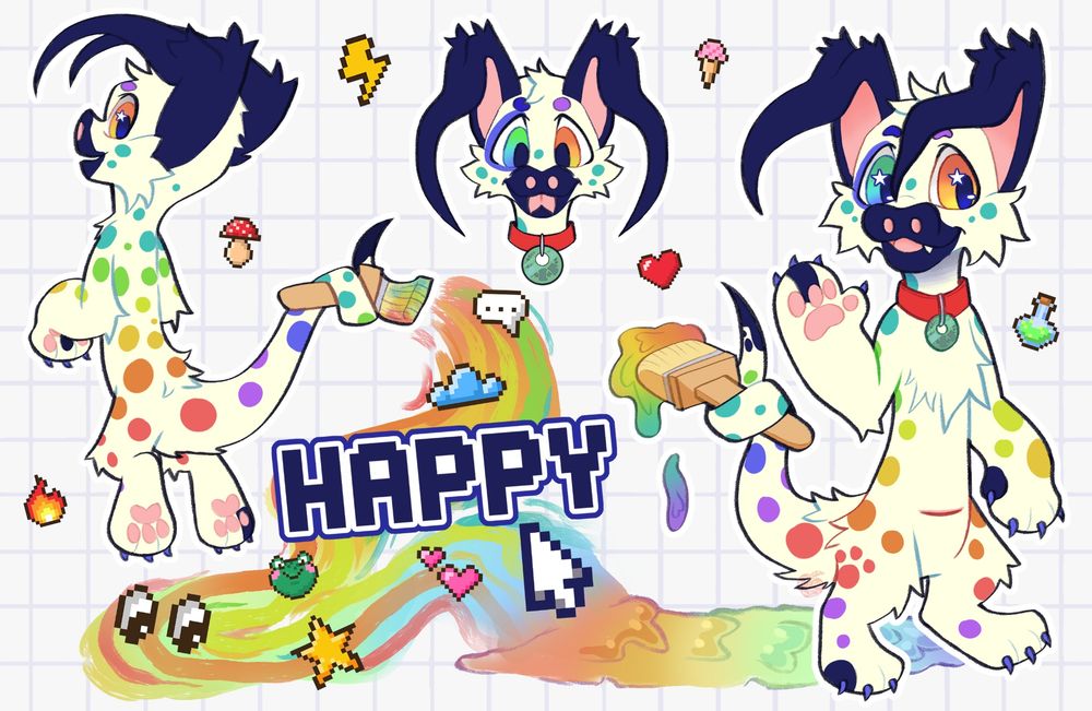 a reference sheet of a closed species called a xero. the reference sheet includes 3 different views and heavily implies the character is an artist with a paintbrush they hold and background.