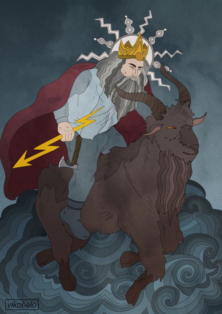 Perkūnas riding a goat and holding a lightning.