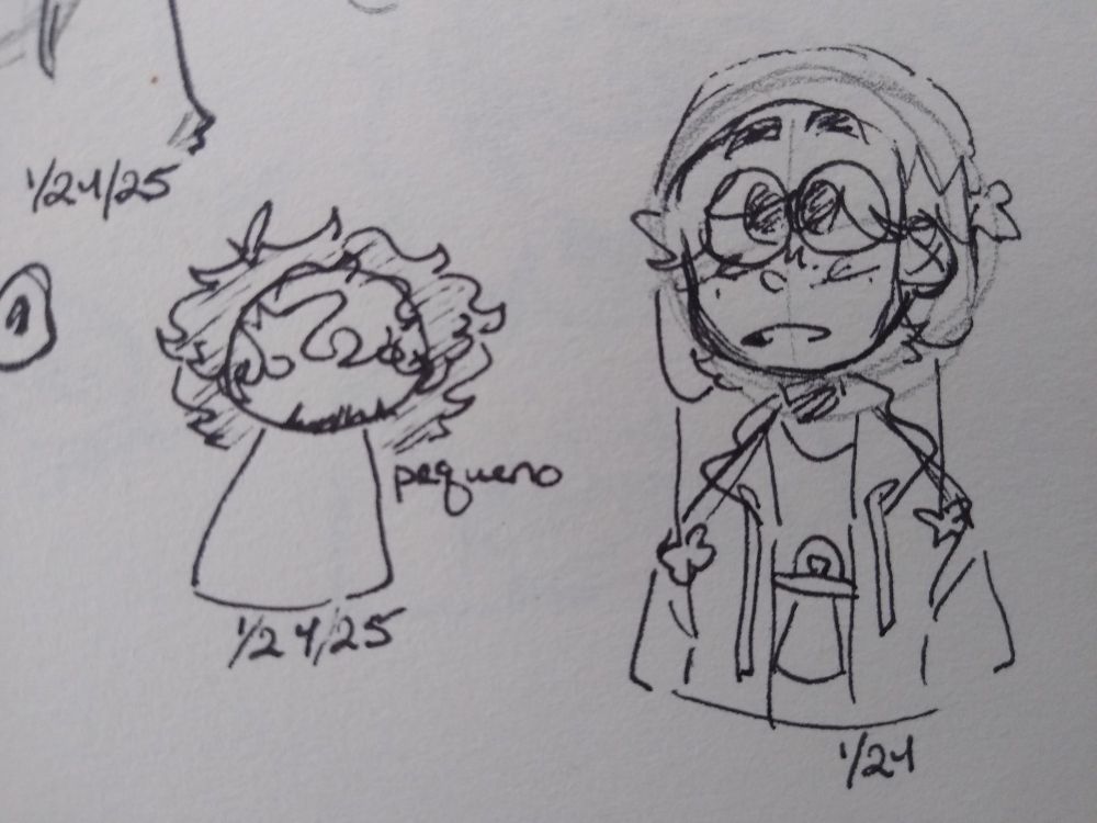 Two traditional doodles next to each other using pen and pencil. The one on the left is Cellbit as a little blob and next to him it says "pequeno". The doodle on the right is of Jeffery from OP: Quarentena. The doodle ends at his chest. He looks like he doesn't really have any thoughts in his head
