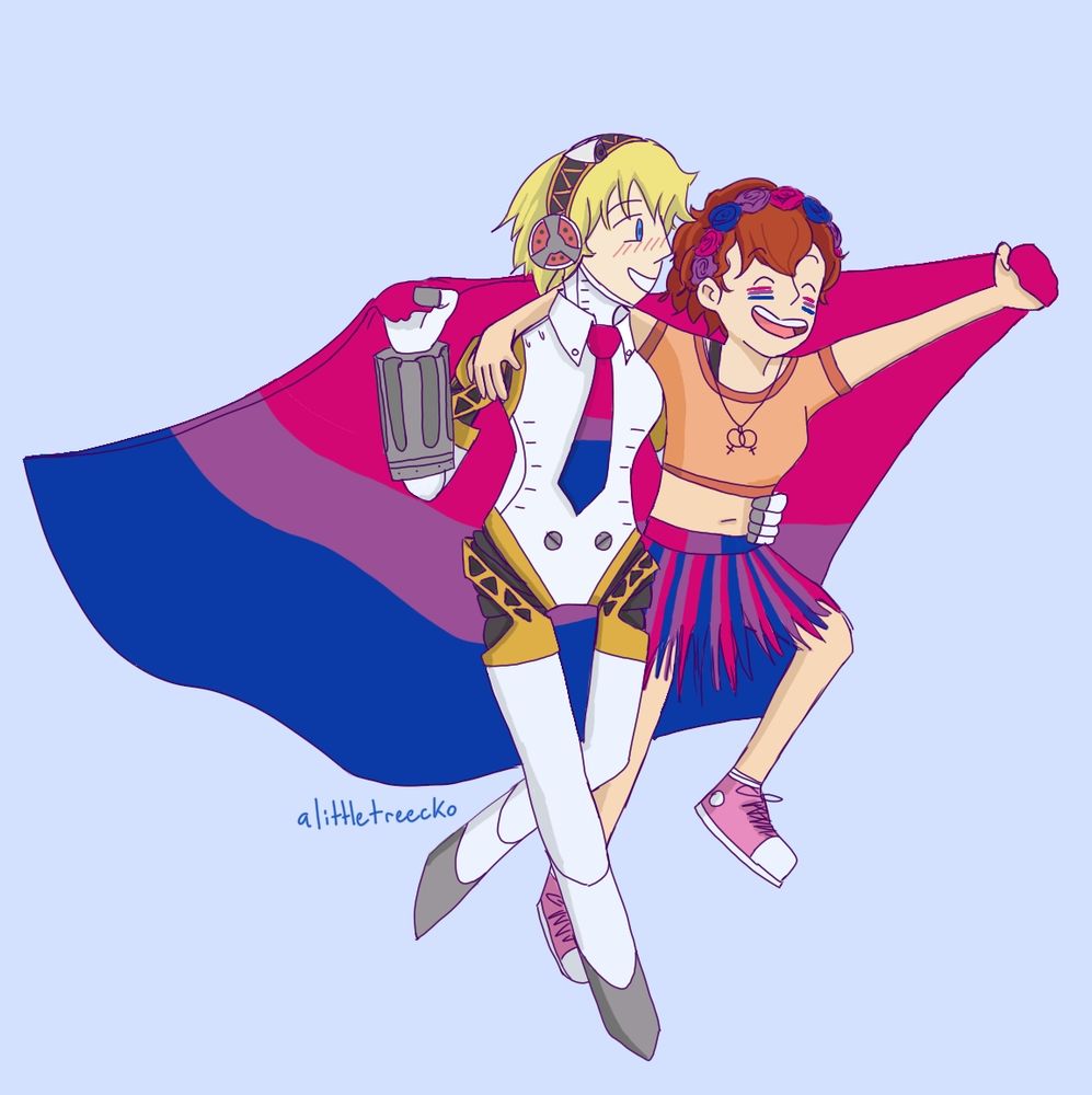 Fan art in a cartoon style of Kotone and Aigis from Persona 3 running while holding onto both a large bisexual pride flag and each other. They are wearing bisexual pride colors on their clothing and accessories.