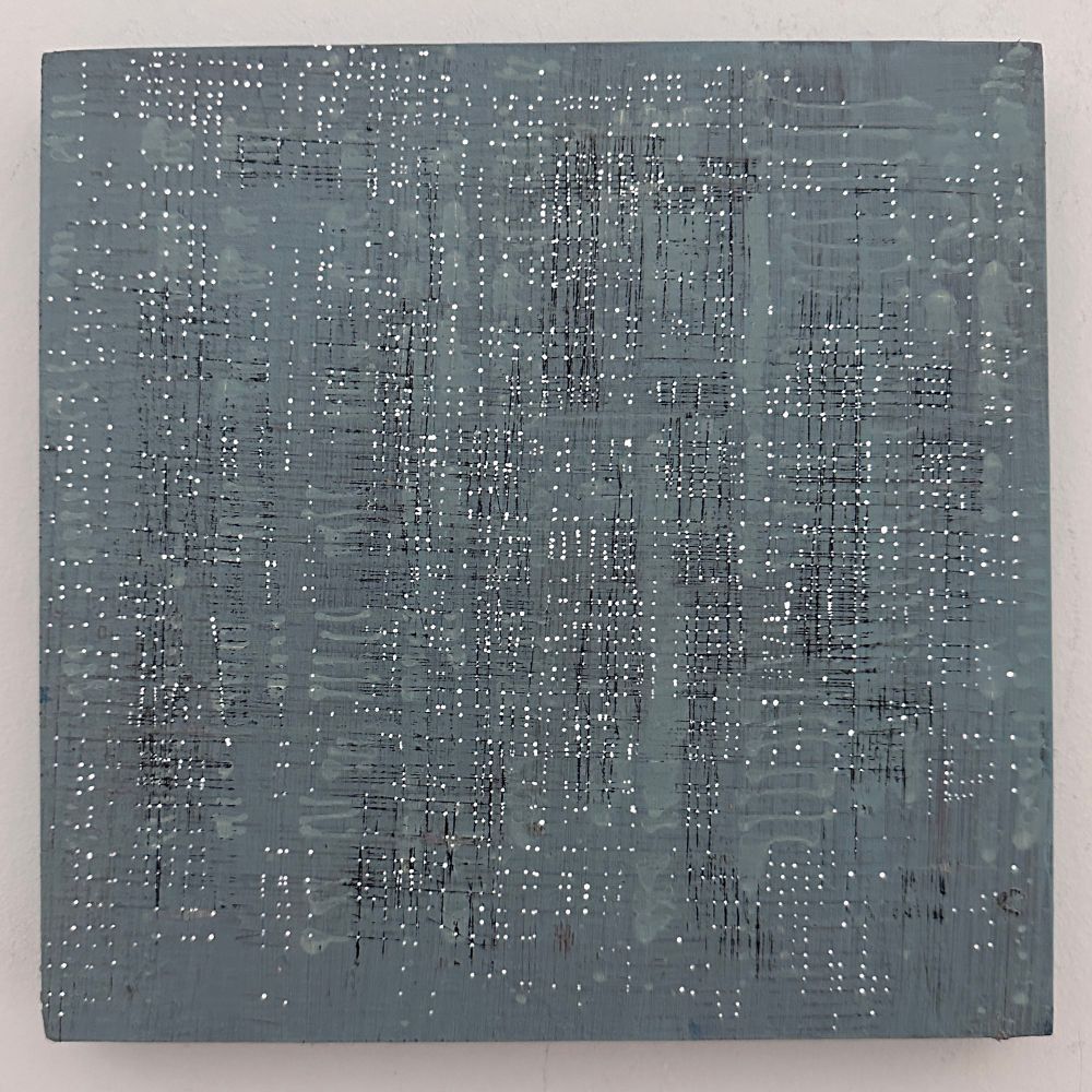 Abstract painting: light grey blue field with hidden graph made with grease pencil. Each visible intersection enhanced with tiny white dots.