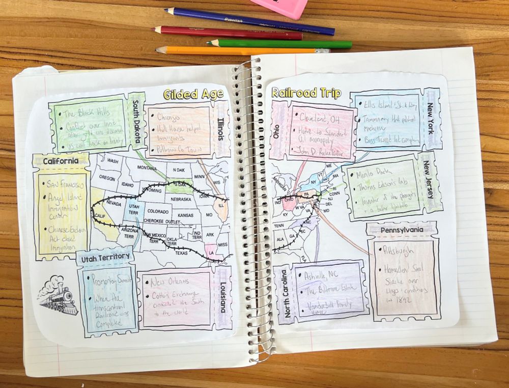 A student's notebook showing a map of the US graphic organizer.
