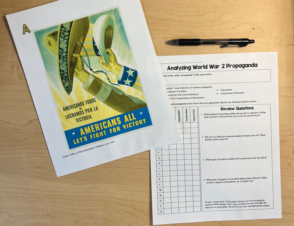 A worksheet and WW2 propaganda poster on a student’s desk. 