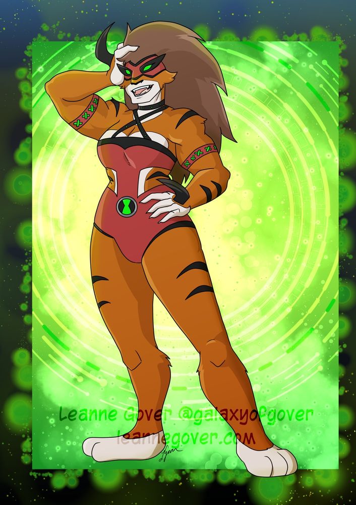 A Tiger lady in a wrestling singlet and long flowing hair. The Ben 10 transformation device on their outfit.