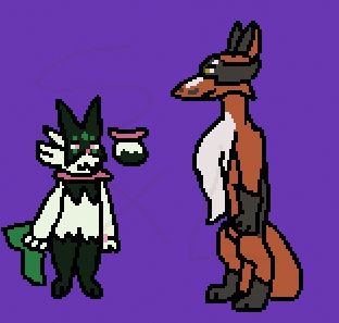 meowscarada next to a bipedal thievul, the the thievul is taller than the meowscarada