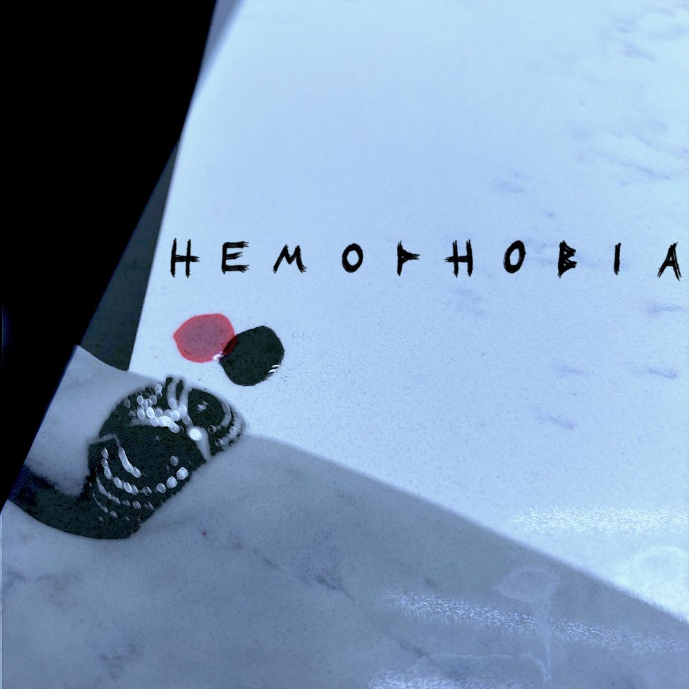 Cover art for Hemophobia featuring blurry imagery and a drop of blood.