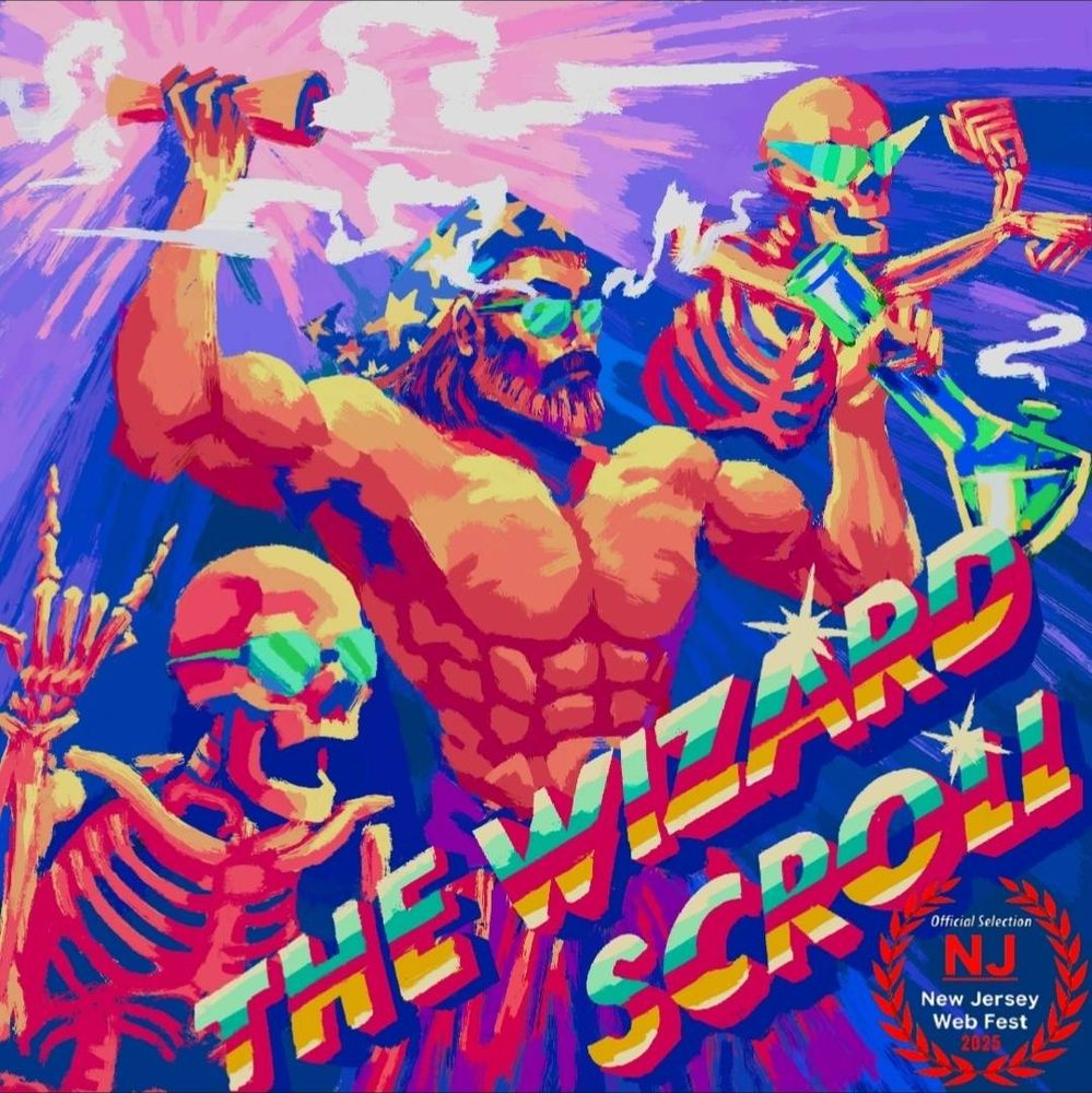 A neon-drenched, retro-style illustration featuring a muscular, shirtless wizard with a long beard and a star-covered wizard hat, holding a glowing scroll aloft in one hand and conjuring swirling magic in the other. He wears green-tinted, futuristic sunglasses and stands triumphant among three skeletons also wearing shades—two of them celebrating, one holding a beaker of bubbling liquid. The color palette is saturated with bold reds, purples, blues, and electric highlights. The title “THE WIZARD SCROLL” blazes across the image in stylized, rainbow-gradient block letters. In the bottom right corner, a red laurel wreath with white text reads “Official Selection NJ New Jersey Web Fest 2025.”